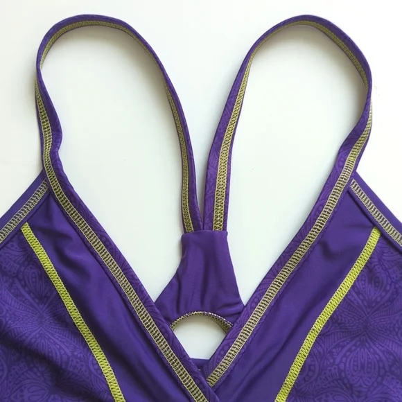 Athleta Contrast Stitched V-neck Cutout Racerback Swimsuit Bikini Top Purple M - Picture 2 of 10